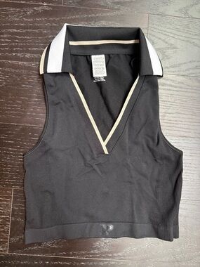 PINK Black Sleeveless Polo Crop Top with Contrast Trim